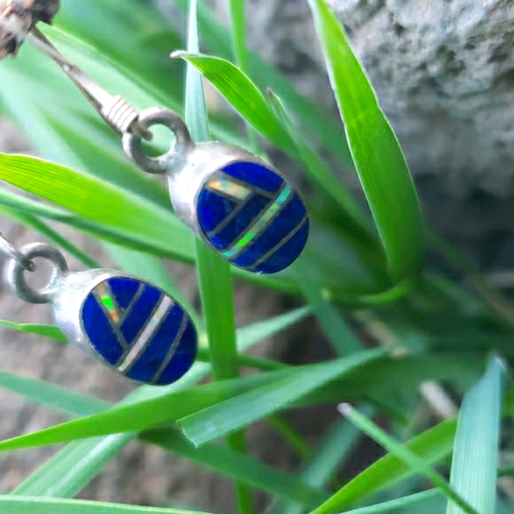 Vtg Genuine Lapis Opal Mosaic Silver Drop Earrings - Picture 13 of 16